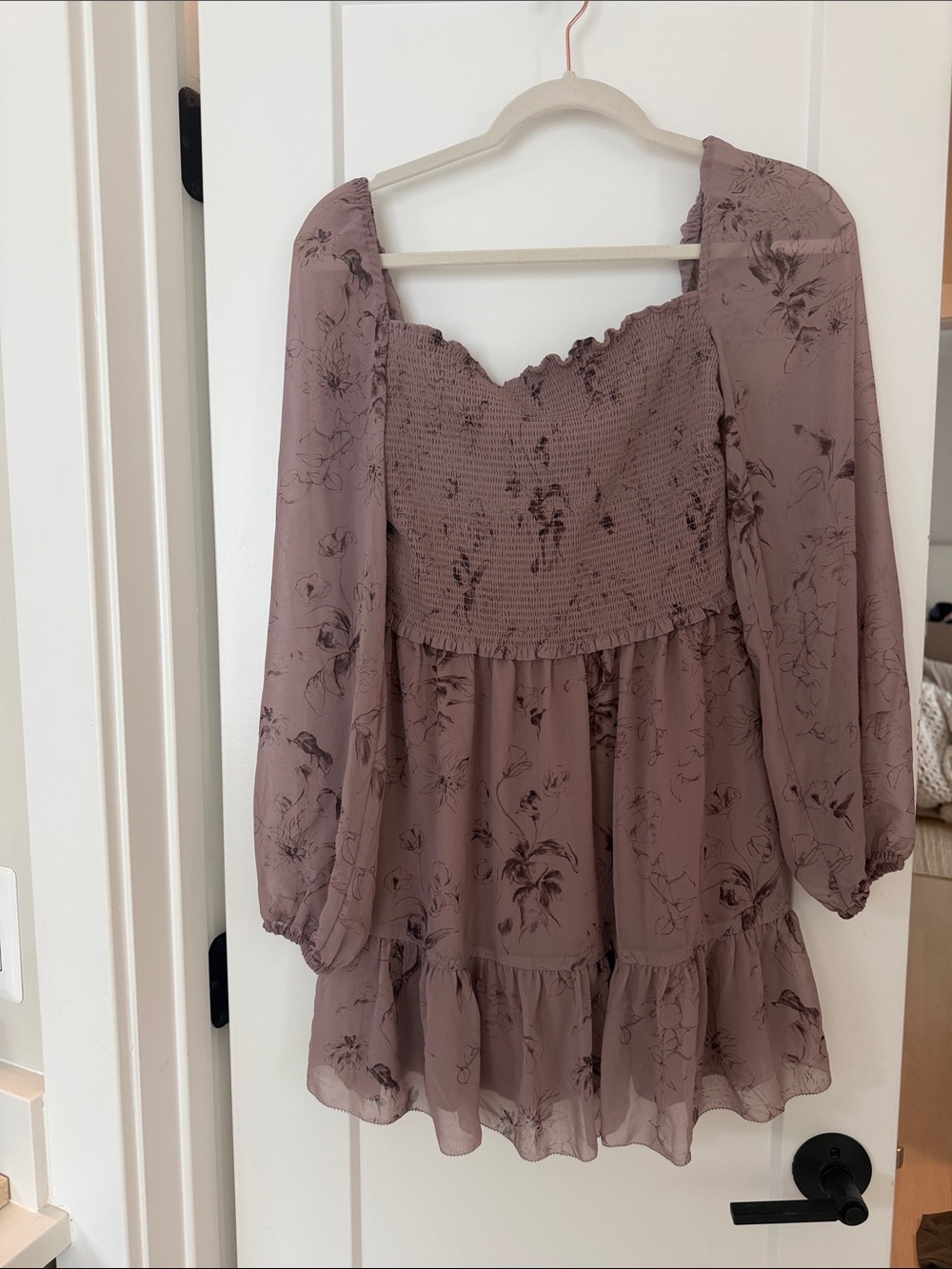 Mauve Floral Smocked Long-Sleeve Tunic